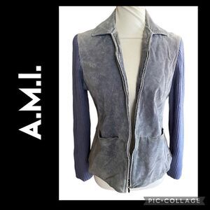 A.M.I.* GenuineLeather/Sweater Combo Full Zip Jacket Gray-Periwinkle Blue Size M